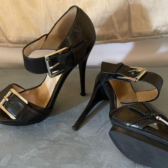 Michael Kors "Faith" Double-Strap Pebbled Black Leather Stiletto Heels Size 8M - Picture 2 of 2